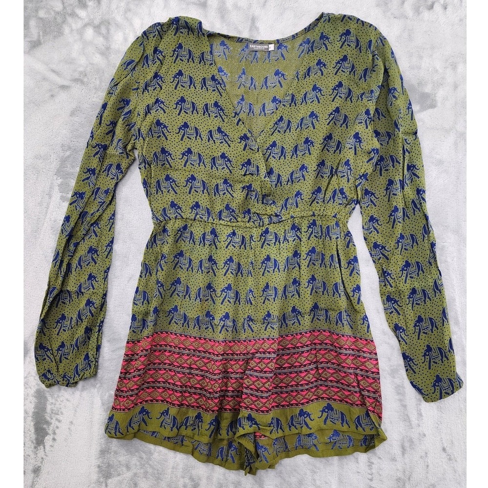Earthbound Trading Co Romper Womens S Green Aztec Tribal Elephant Long Sleeve